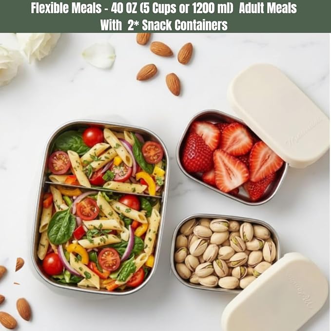 Flexibento - 40 OZ Set -Leak proof Stainless Steel Lunch Box Containers, Lunch Containers with Silicone Lids,Steel Bento Box,Metal lunch Box, Vanilla set of 3, 1 * 40OZ + 2 * 9 OZ