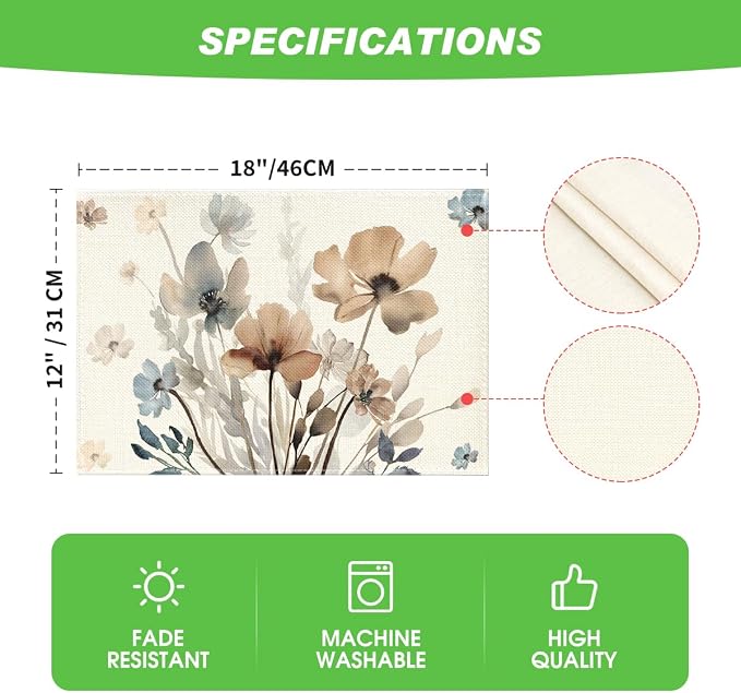 Artoid Mode Brown Poppy Floral Leaves Placemats Set of 6, 12x18 Inch Seasonal Summer Table Mats for Party Kitchen Dining Decoration