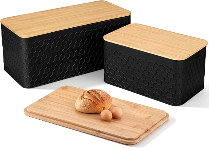 Metal Bread Box Set of 2 with Bamboo Lid, Modern Bread Storage Containers with Air Vents, Bamboo Cutting Board Lid, Farmhouse Kitchen Decor Organizer for Countertop, 2-Size,Embossed Black