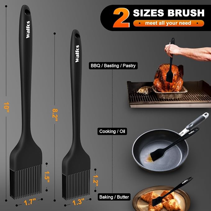 Walfos 600°F Heat Resistant Silicone Basting Brushes BPA Free Pastry Brush, Spread Oil Butter Sauce for BBQ Grill Baking Kitchen Cooking, Dishwasher Safe (2 SIZE)