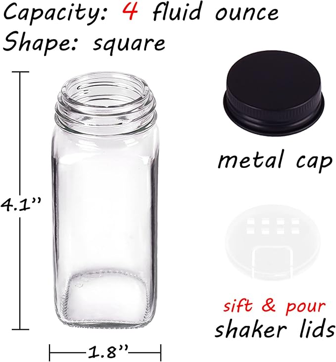 Churboro 66 Pack Glass Spice Jars with Labels, 4oz Spice Containers | Square Spice Bottles with Black Caps, Shaker Lids, 547 Labels, Funnel & Chalk Pen. Keep Seasoning Jars Neat and Organized