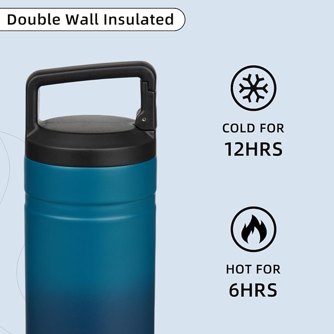 BJPKPK 20 oz Insulated Travel Water Bottle, Coffee Tumbler Stainless Steel | Double Wall Vacuum, Leakproof, Thermal, Keeps Hot/Cold, BPA Free, Dishwasher Safe, Spill Proof, Wide Mouth, 2 Lids, Sea