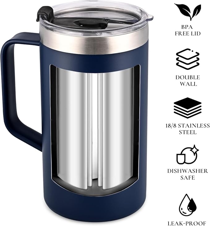 NESTALLY Cozy 20oz Insulated Coffee Mug with Handle & Lid, Navy Blue | Stainless Steel Double Wall Vacuum Travel Mug for Hot & Cold Drinks, Reusable Coffee Tumbler, Non-Slip Base, BPA-Free