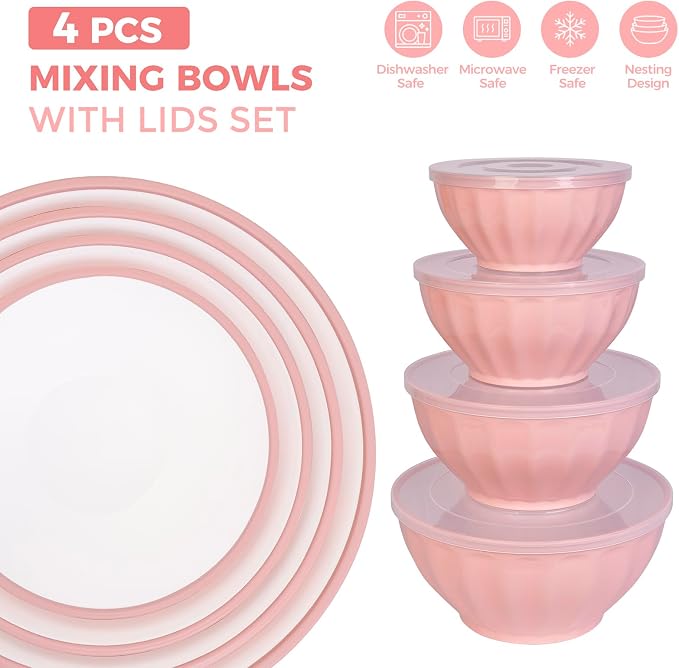 BoxedHome Mixing Bowls with Lids Set, 8 pieces Large 0.2” Thick Plastic Nesting Mixing Bowl, Microwave Safe,Size 5.92, 4.12,3.06,1.80 Quart, Pink