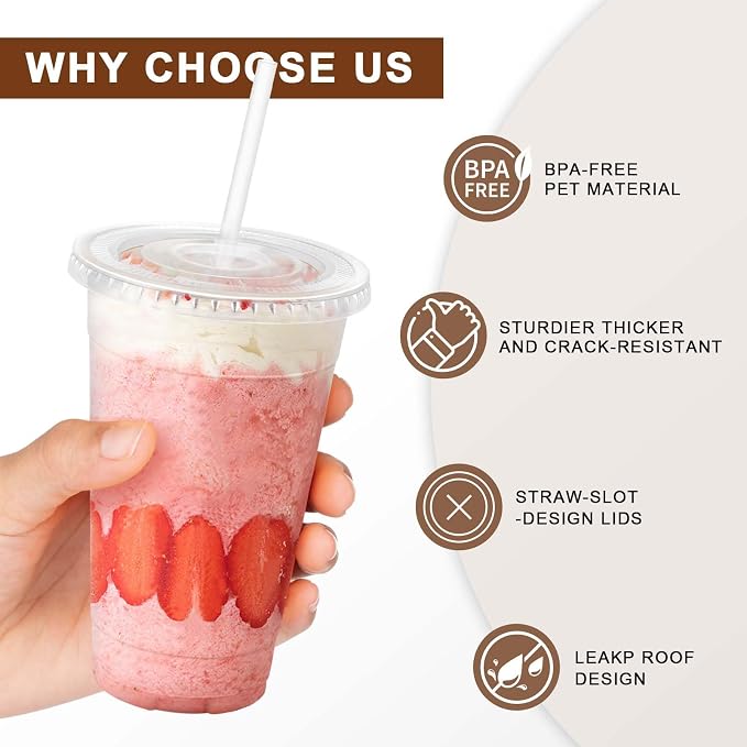 Clawsoff 500 Pack 20 oz Disposable Clear Plastic Cups with Lids and Straws | Leak-Proof Sturdy Cold Drink Cups for Iced Coffee, Smoothies, Juice, Parties & Business