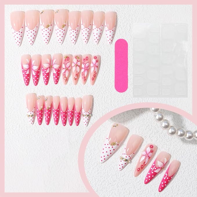 3D Pink Flower Press On Nails Long Stiletto Fake Nails Polka Dot French Tip Nails with Gold Pearl Designs Full Cover Glue On Nails Reusable Handmade Acrylic Stick on Nails for Women Manicure 24Pcs