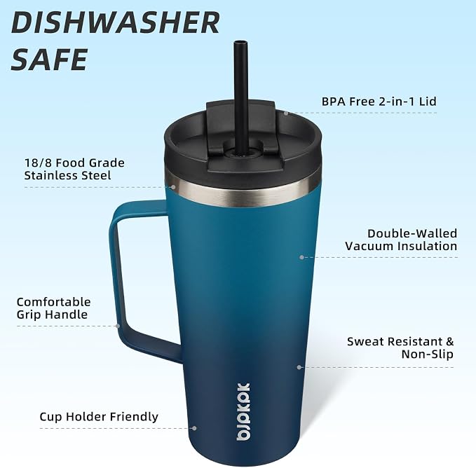 BJPKPK 22oz Insulated Tumbler with Handle, Lid & Straw, Stainless Steel | Double Wall Vacuum Insulated Coffee Travel Mug - Keeps Cold & Hot, BPA Free, Cupholder Fit for Office, Gym & Travel