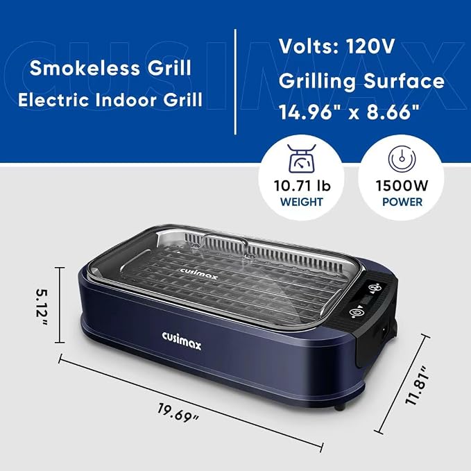 Indoor Grill CUSIMAX Electric Smokeless Grill Portable Korean BBQ, Blue | with Turbo Smoke Extractor Technology, Adjustable Temperature, Non-stick Removable Plate, Tempered Glass Lid, Great for Party