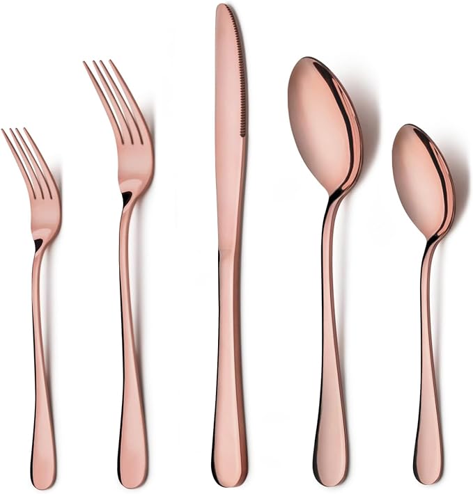 LIANYU 10-Piece Copper Silverware Set for 2, Stainless Steel Cutlery Set | Flatware with Knives Spoons Forks, Eating Utensils for Wedding Festival Party, Mirror Finished, Dishwasher Safe
