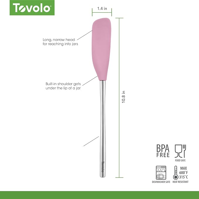 Tovolo Jar Spatula Silicone Long Stainless Steel Handle Scraper Spatula Pink Sorbet, Jar Scraper Heat Resistant Dishwasher Safe BPA Free Kitchen Utensil for Scraping Spreading Jelly Peanut Butter