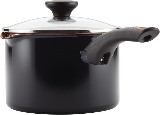 Farberware Glide Copper Ceramic Nonstick Straining Sauce Pan with Lid, 3-Quart, Black