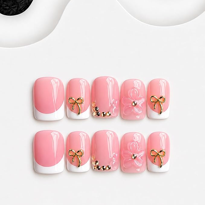 10pcs Handmade Press on Nails Short Thicked 3D Bow & Flower Designs Muti-Layer Gel Square Fake Nails Acrylic Luxury Rhinestones French Tip Hand Made Press on Nails for Women (S）
