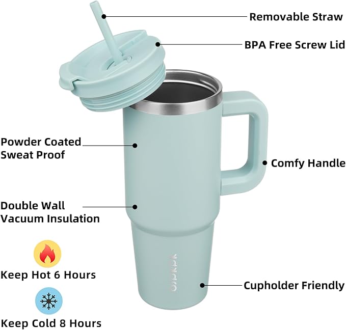 BJPKPK 30 oz Insulated Tumbler with Handle & Straw, Stainless Steel | Double Wall Vacuum Insulation, Leak Proof, BPA Free, Dishwasher Safe, Cupholder Friendly, Travel & Outdoor, Blue Haze