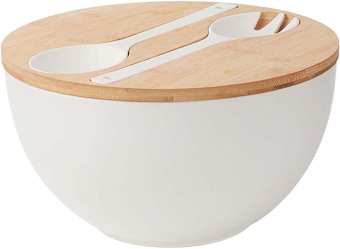 10” Bamboo Fiber Large Salad Serving Bowl Set with Wooden Lid & Servers, 3.5Qt Big Bowl with Utensils for Mixing Salad,Fruit,Pasta,Lightweight & Dishwasher Safe, Ideal Gift for Home - Matte White