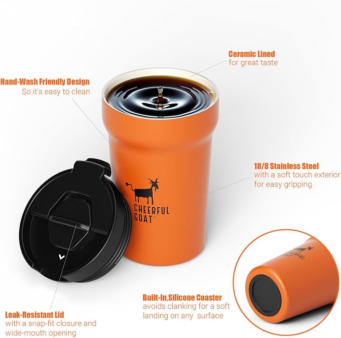 CHEERFUL GOAT Insulated Coffee Mug – Stainless Steel Travel Coffee Tumbler with Ceramic Liner, 12oz Coffee Cup for Hot and Cold Water Coffee at Home, Office, or On the Go (orange)