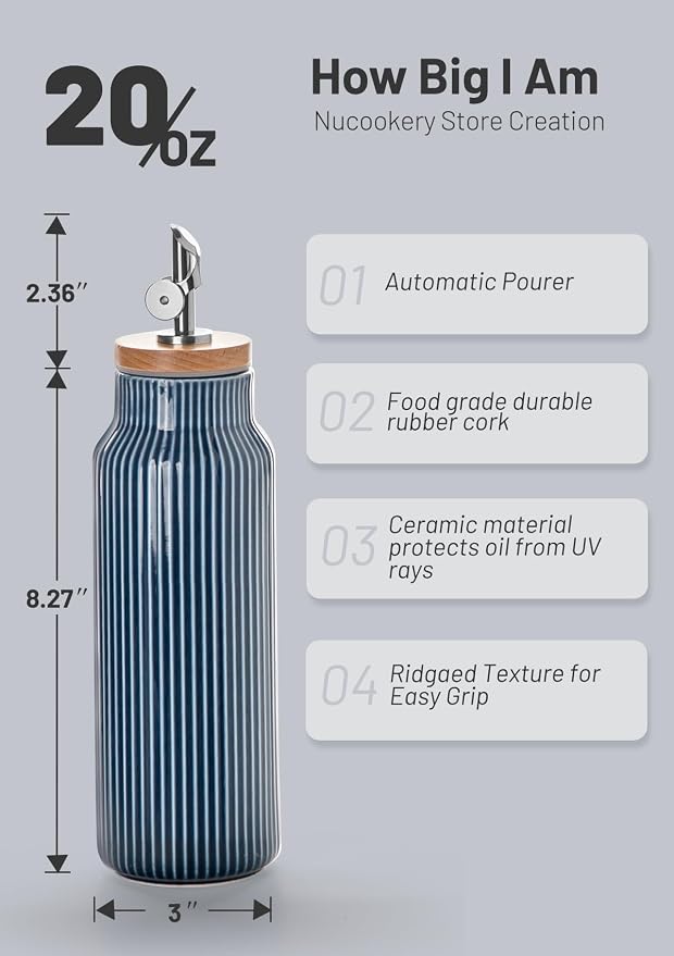 Nucookery 20oz Ceramic Olive Oil Dispenser Bottle for Kitchen spray, Large Capacity Cooking Oil Container for Storage Vinegar, Soy Sauce, Coffee Syrup, Liquids, Blue