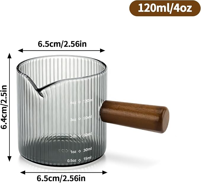 Espresso Measuring Cup 4 Oz, Espresso Glass Cups with Wood Handle, Milk Frothing Cup, Espresso Cup for Coffee, Milk, Tea or Maple Syrup Serving (Gray, 4 oz)