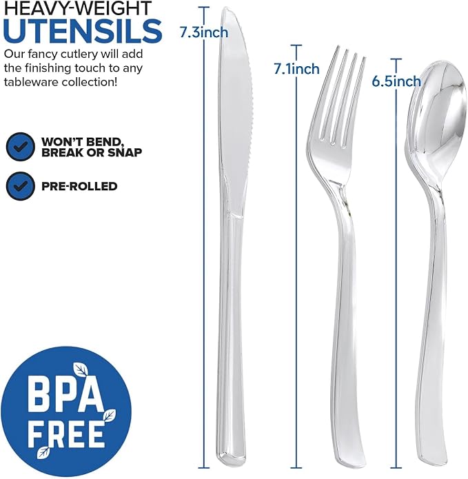 400PCS Pre Rolled Silver Plastic Silverware Heavy Duty for Wedding | Individually Wrapped Utensils, 100 Pack, Durable and Sturdy, BPA free, Include Matching napkins, For Parties, Catered Events
