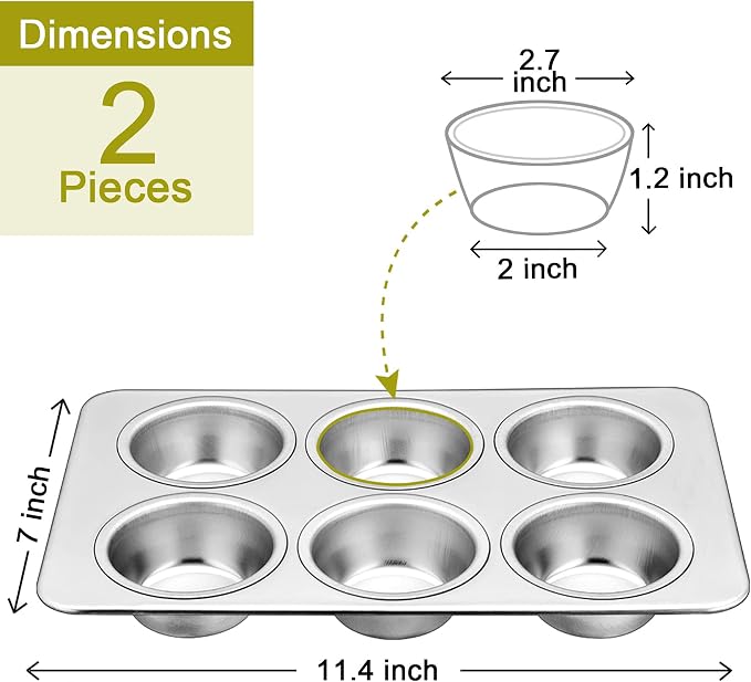P&P CHEF 6-Cup Muffin Pan Tin, Stainless Steel Cupcake Pan, 2Pcs | Muffin Tin for Oven Baking, Dishwasher Safe, Non-Toxic, Standard Size, Ideal for Homemade Muffin Cup Cake Tart Quiche