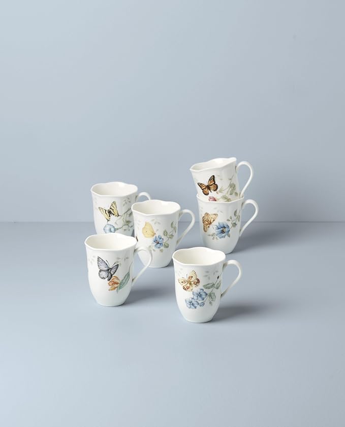 Lenox 892798 Butterfly Meadow 6-Piece Mug Set | dishwasher safe, microwave safe | floral design | coffee mug gift for coffee lovers | 12oz, gift for women