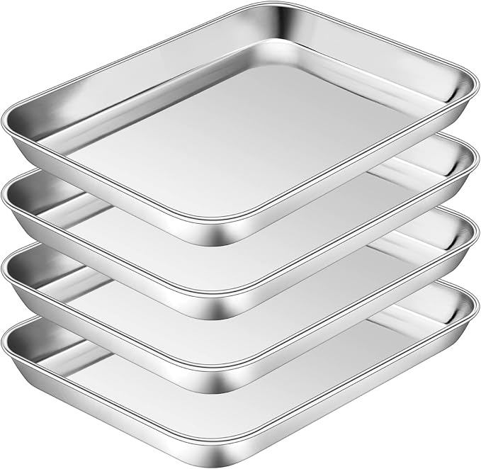 P&P CHEF Baking Sheet Pan, Stainless Steel Cookie Sheet, 10.5 Inch & 4 Pcs | Oven Tray Sheet Pan for Baking & Serving, Baking Tray for Multi Uses, Heavy Duty & Non-toxic, Rust Free & Dishwasher Safe