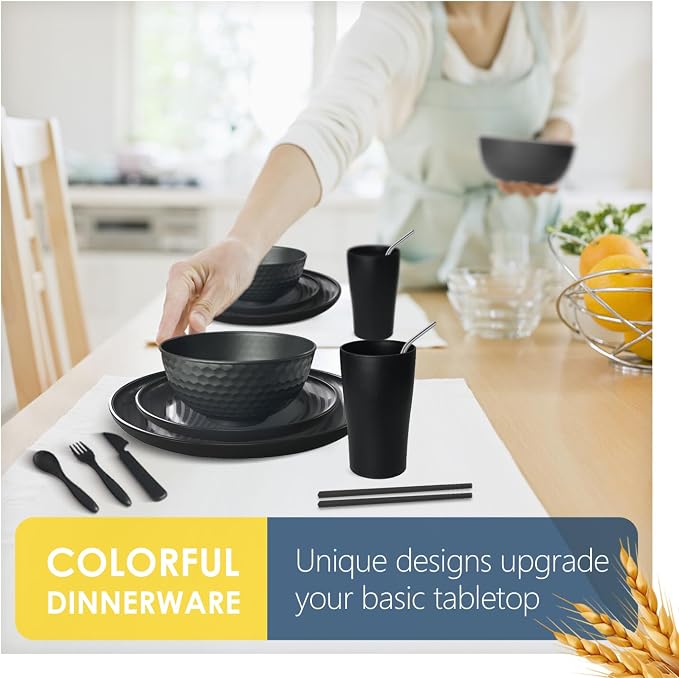Teivio 96-Piece With Flatware Plastic Wheat Straw Dinnerware Set for 8 | Dinner/Dessert Plates, Cereal Fruit Bowls, Pasta Bowls, Cups, Unbreakable Dishwasher Safe Kitchen Outdoor RV Dish, Black