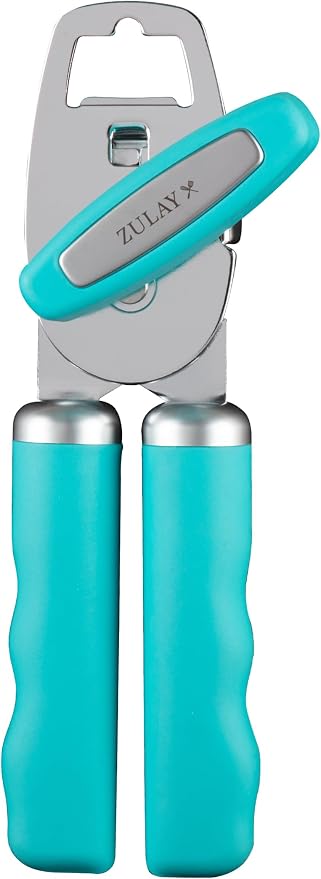 Zulay Kitchen Heavy Duty Stainless Steel Can Opener Manual with Bottle Opener - Rust Proof Manual Can Opener With Turn Knob & Comfy Soft Grip Handles - Turquoise