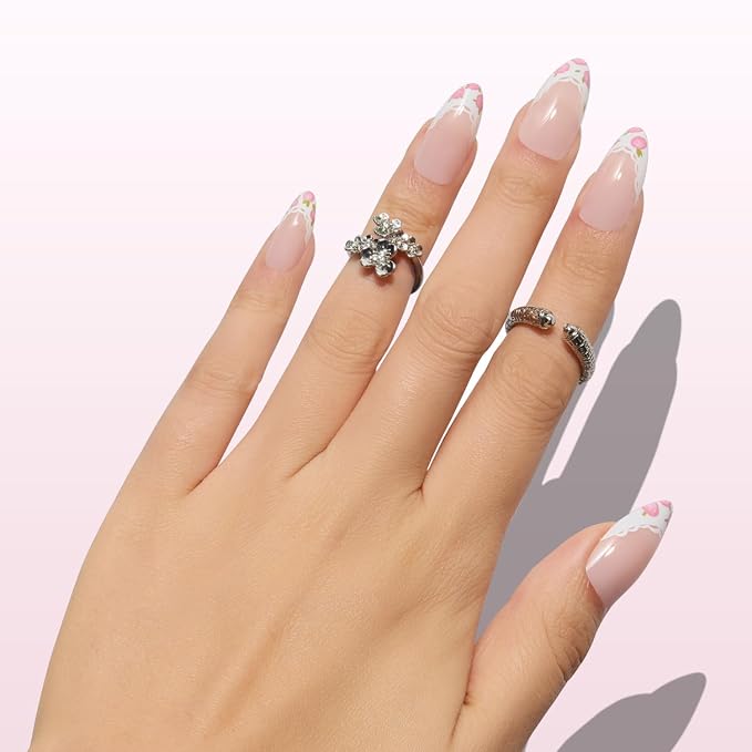 Nail Reformation Fleur de Lace Press On Nails, Medium Almond, 30 Pcs | Nude Fake Nails with Lace French Tip & Rose Floral in Glossy Finish, Gifts for Women