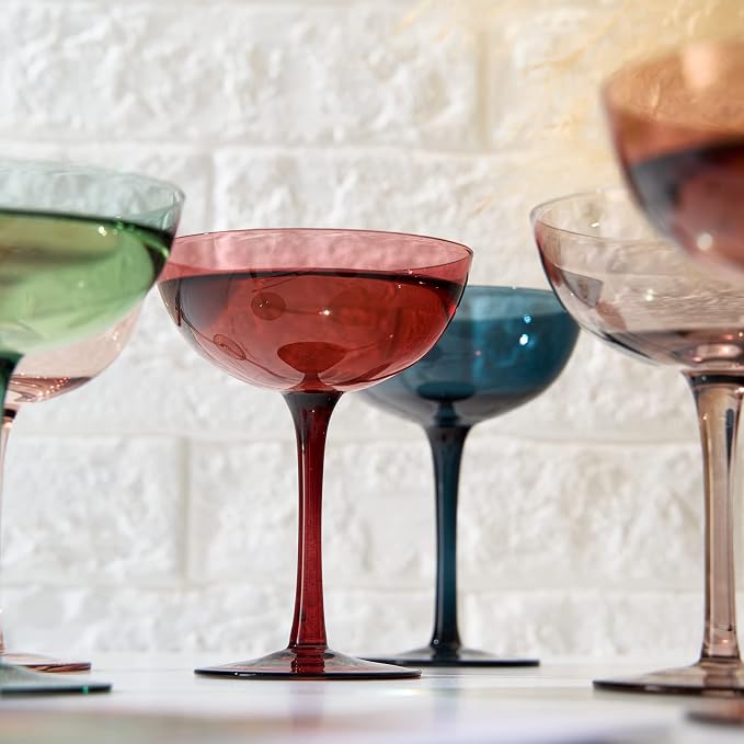 Beautiful Colored Martini, Champagne & Cocktail Luxury Coupe Glasses | Set of 6 | Crystal 6 6oz - Stemmed Goblet Drinking Cups, Color Gift Set - Her, Wife & Mom - Colorful Drinkware - Water, Wine