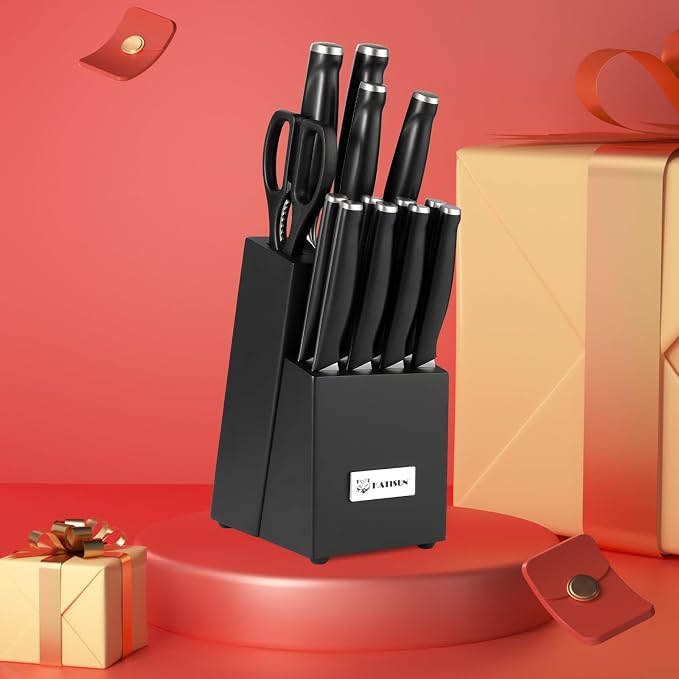 15-Piece ABS Handle Kitchen Knife Set with Block | Ergonomic Grip Chef Blades & Serrated Steak Cutlery. Includes Sharpener, Shears & Modern Countertop Black Storage