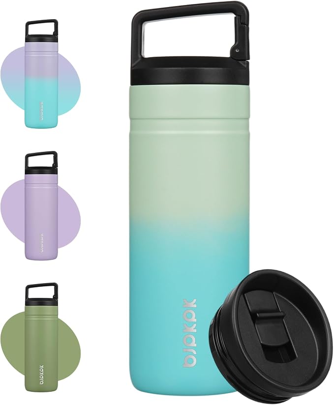 BJPKPK 20 oz Insulated Travel Water Bottle, Coffee Tumbler Stainless Steel | Double Wall Vacuum, Leakproof, Thermal, Keeps Hot/Cold, BPA Free, Dishwasher Safe, Spill Proof, Wide Mouth, 2 Lids, Mint
