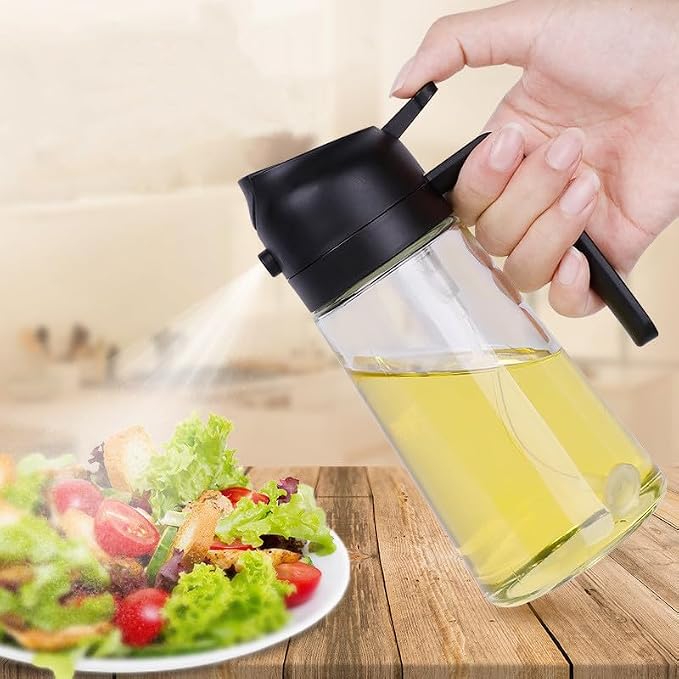 Glass Olive Oil Sprayer for Cooking-TrendPlain 16oz/470ml – 2 in 1 Olive Oil Dispenser Bottle for Kitchen Gadgets and Air Fryer Accessories, Salad, BBQ - Black