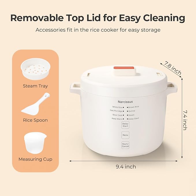 Narcissus Rice Cooker with Removable PFAS-Free Nonstick Pot, 3.5-Cup Capacity for 1-3 People, Multifunctional for Rice, Oatmeal, Quinoa, Slow Cook, Steam, Can Steam & Cook Simultaneously, Rice White
