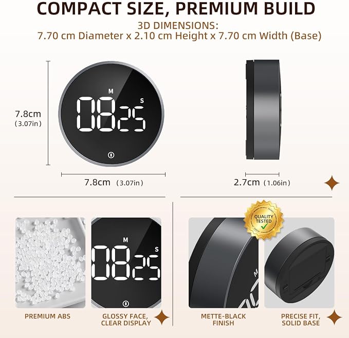 Digital Magnetic Kitchen Timer & Stopwatch with LED Display, Space Gray | Up to 99:55 Countdown & Count Up , Easy Twist Control, Adjustable Volume & Brightness, Magnetic Back, Battery Powered