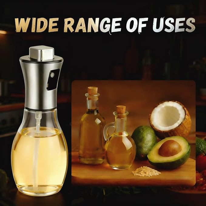 Oil Sprayer for Cooking - Olive & Avocado Oil Spray Bottle, Food Grade Glass Mister with Adjustable Nozzle, 2-in-1 Dispenser for Kitchen, BBQ, Baking