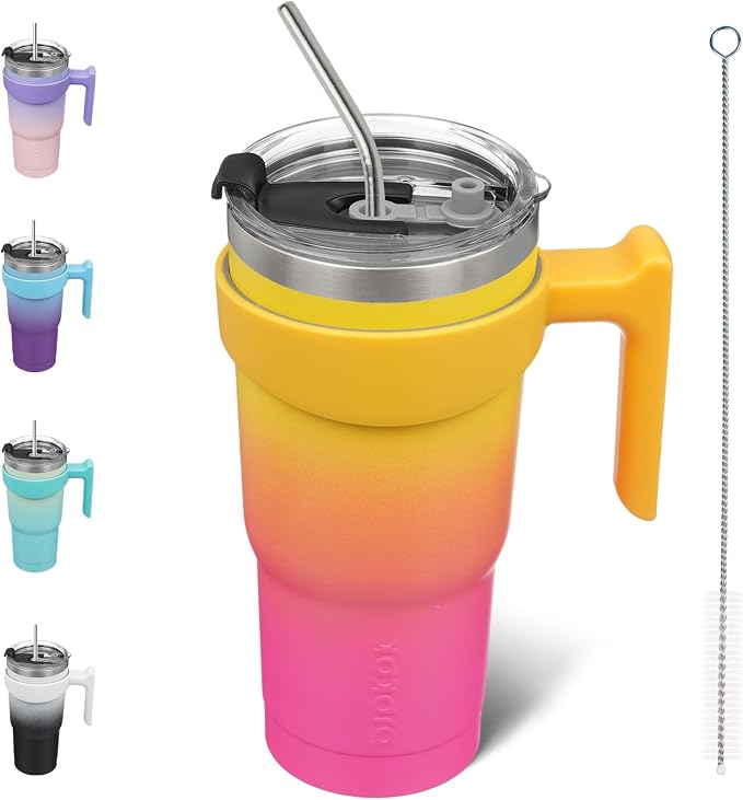 BJPKPK 20 oz Tumbler with Handle & Straw, Insulated Stainless Steel Mug | Double Wall Vacuum, Keeps Hot/Cold, Thermal Cup, BPA Free, Dishwasher Safe, Cupholder Fit, Coffee & Travel, Pink Yellow Rose