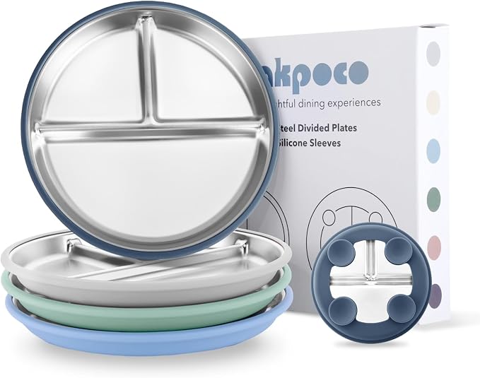 Bakpoco Stainless Steel Suction Plates for Toddlers, 9" Divided Kids Baby Plates with Removable Silicone Suction, Non Toxic Non Slip Portion Control Snack Dishes 4 Packs, Blue Gray Navy Sage