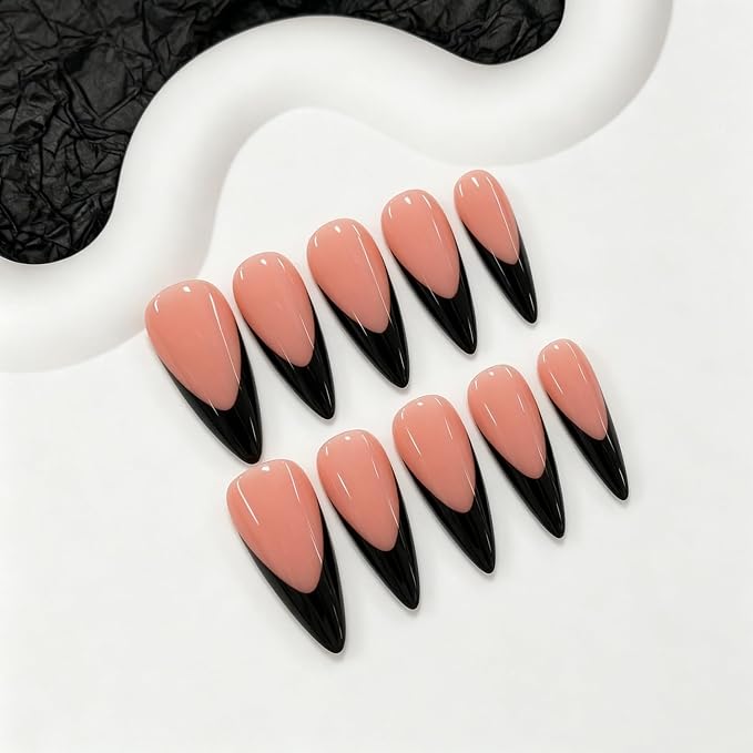 Handmade Press on Nails Glossy Black French Tip Fake Nails with Solid Color Designs Long Stiletto Nail Art Thick Acrylic Stick on Nails for Women 10pcs (M)