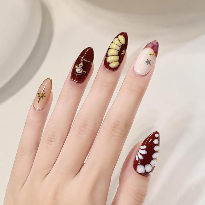 10Pcs Medium Almond Handmade Press on Nails Rhinestone & Golden Steel Ball Deisgns Salon Quality False Nails Y2K Fake Nails with 3D Star, Gold Embossed Accents Summer French Tip Stick on Nail (M)