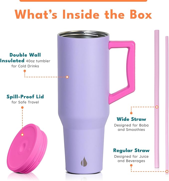 Elemental Spill Proof 40oz Insulated Tumbler with Handle & Straw Travel Mug | Stainless Steel Commuter Travel Coffee Mug for Cold Beverages, Includes 2 Straws & a Spill Proof Lid for Everyday Use