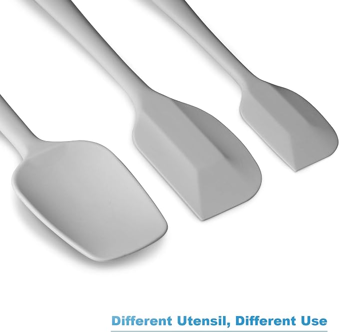 3-Piece Silicone Spatula Set, 600°F Heat Resistant, Light Grey | Stainless Steel Core, Silicone Rubber Spatulas for Nonstick Pans, Spatula, Spoonula and Mini Spatula for Cooking and Baking