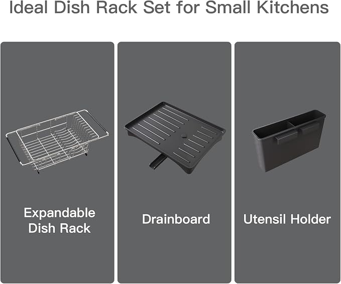 Dish Drying Rack Over The Sink with Utensil Holder, Drainboard | Expandable Stainless Steel Dish Drainer for Small Kitchen, Apartment, RV, Counter Space Saving, Perfect Fit, Rustproof