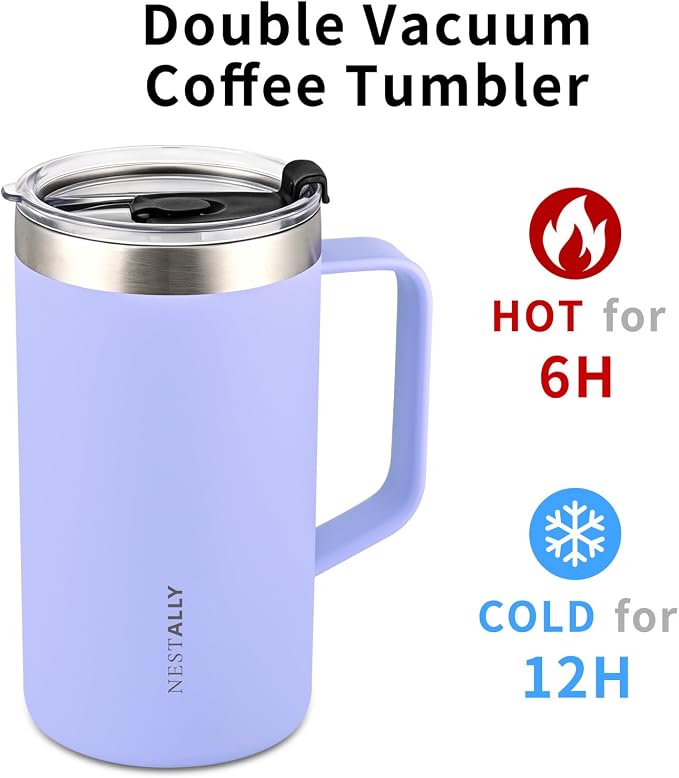 NESTALLY Cozy 20oz Insulated Coffee Mug with Handle & Lid, Lavender | Stainless Steel Double Wall Vacuum Travel Mug for Hot & Cold Drinks, Reusable Coffee Tumbler, Non-Slip Base, BPA-Free