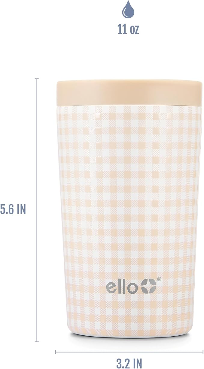 Ello Jones 11oz Insulated Stainless Steel Leakproof Travel Mug, Beige Gingham