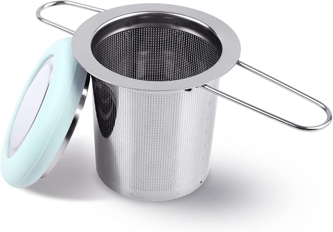 Tea Infuser Stainless Steel Tea Strainer Folding Handle Tea Filter Extra Fine Mesh Strainer Brewing Basket with Lid for Loose Leaf Tea (Light Blue) …