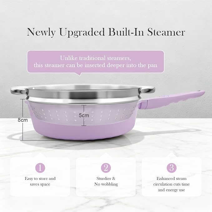 AIKENBBKK 12 Inch Nonstick Deep Frying Pan with Steamer, Ceramic Skillet with Lid, Steamer Pan for Cooking, 5 QT Non Stick Saute Pan with Detachable Handle, PTFE & PFAS-Free, Purple