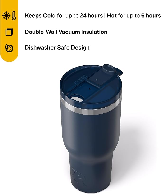 RTIC 40oz Essential Tumbler with Lid, Ceramic Lined, Navy | Insulated, Stainless Steel Metal, Portable Travel Cup for Hot and Cold Drinks, Coffee, Car, Camping and Travel