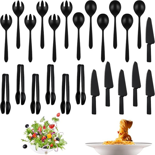 24 Pcs Disposable Plastic Serving Utensils Set 6 Each 9.7" Serving Spoons Forks 9.5" Knife and 6.3" Tongs for Wedding Graduation Party Birthday Catering Buffet Supplies(Black)