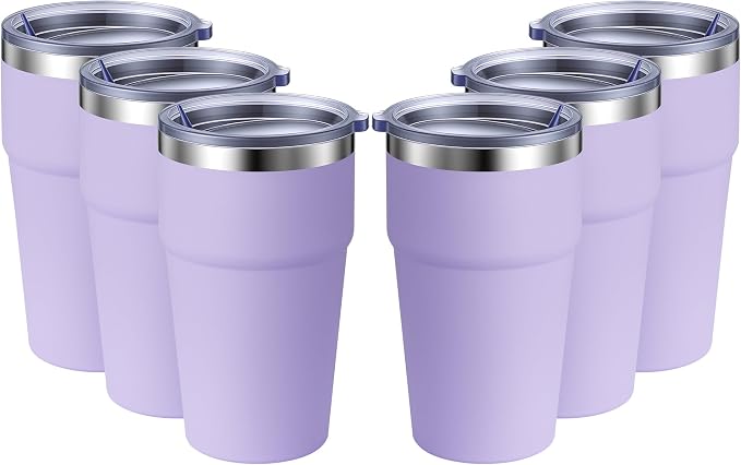 MEWAY 16oz Tumbler Double Wall Vacuum Insulated Travel Mug Bulk, Stainless Steel Tumblers with Lid, Powder Coated Coffee Cups for Cold & Hot Drinks (Lavender,6 Pack)