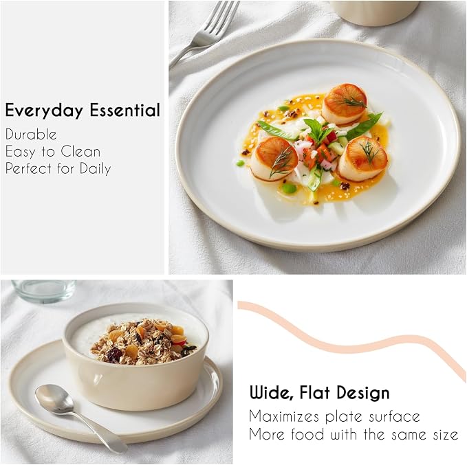Stoneware Dinnerware Set for 4(12Pcs) – Microwave & Dishwasher Safe Plates and Bowls with Reactive Glaze – Rustic Farmhouse Modern Design for Everyday Dining, Wedding & Outdoor - Light Beige